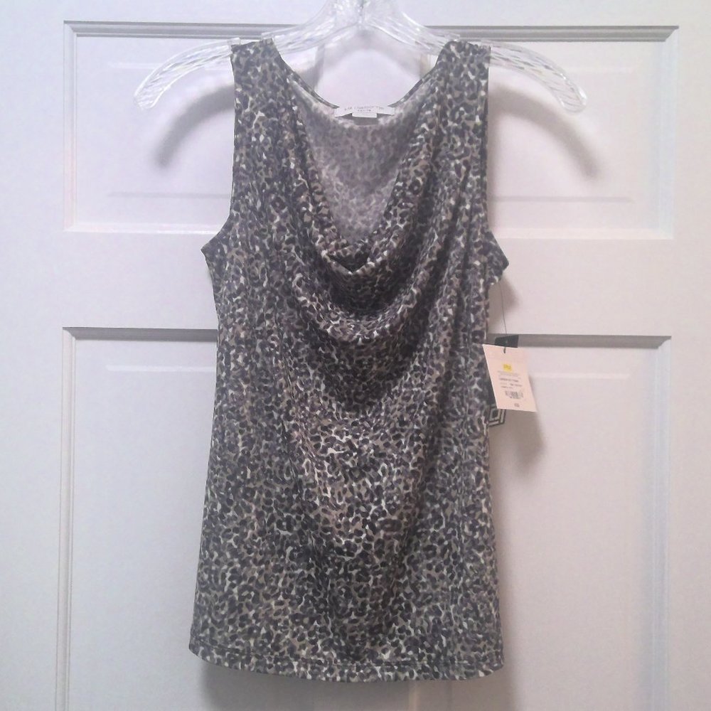 Liz Claiborne Grey & Khaki New with Tags Sleevless Drape Neck Top PM Leopard